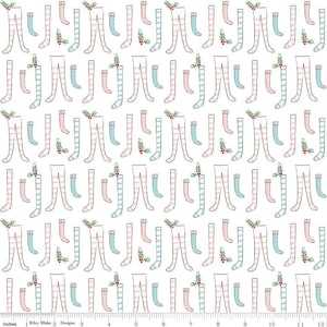 May include: White fabric with a repeating pattern of blue and pink striped stockings with a small sprig of holly at the top of each stocking.