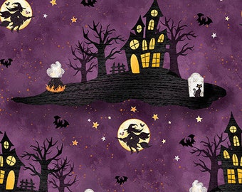 Halloween fabric, purple Halloween, Studio E fabric, 100 % cotton sewing quilting, Boo Y all fabric,  purple houses, purple witches,