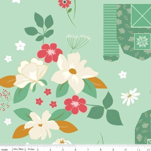 May include: A mint green fabric with a floral pattern. The fabric features white and red flowers, green leaves, and a small white flower with a yellow center. The fabric is printed with a repeating pattern.