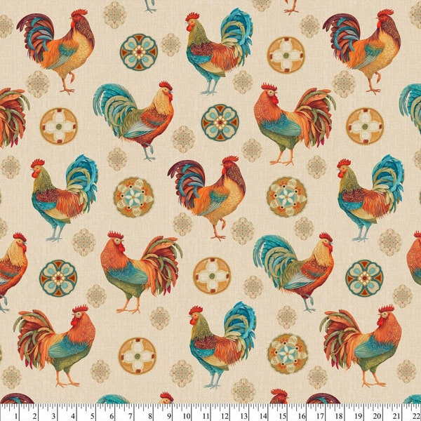 Rooster fabric, Rooster Medallions, Chicken fabric, Farm Animal, David's Textiles, 100 % cotton quilting, Factory PRECUT yards, WA-4198-PC-1