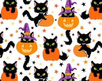 Halloween Fabric, Halloween Kittens, Halloween cats, Witch Familiars, David's Textiles, Cats and pumpkins, 1/2 YARD factory PRE  CUTS