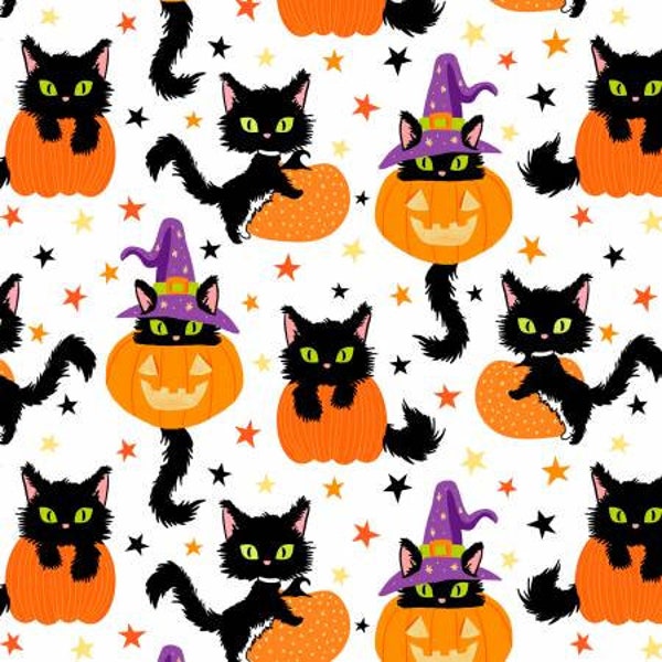 Halloween Fabric, Halloween Kittens, Halloween cats, Witch Familiars, David's Textiles, Cats and pumpkins, 1/2 YARD factory PRE  CUTS
