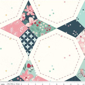 May include: A floral fabric design featuring a patchwork pattern with various floral prints in pink, teal, and navy blue. The design includes white octagons outlined with red stitching, and the fabric is measured in inches.