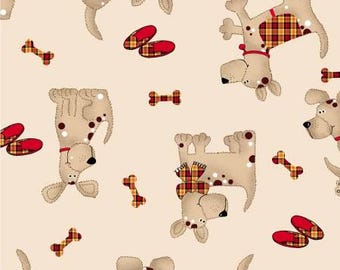 Dog fabric, Dog flannel, FLANNEL fabric, A. E. Nathan, cotton flannel, puppy dog flannel, Cream Dog with Scarf,  plaid dogs, bones slippers