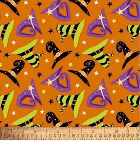 Halloween Fabric, Halloween Hats, Witch Hats, Striped Halloween hats, David's Textiles, Orange Halloween,  1/2 YARD factory PRE  CUTS