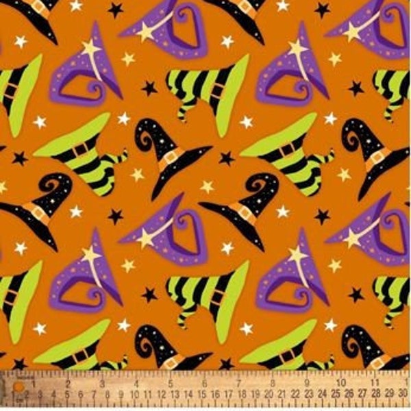 Halloween Fabric, Halloween Hats, Witch Hats, Striped Halloween hats, David's Textiles, Orange Halloween,  1/2 YARD factory PRE  CUTS