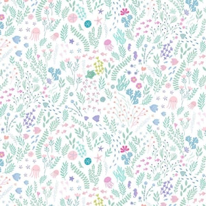 May include: A whimsical pattern featuring an underwater scene with various sea creatures and plants. The design includes fish, jellyfish, seahorses, starfish, and coral in pastel colors like pink, blue, and green, set against a white background. The overall theme is marine life.