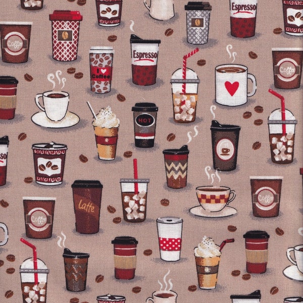 Coffee cups tan, travel mugs, travel cups, Fabric Traditions, 100% cotton fabric, Novelty Prints,  17601-T Tan, Coffee Time fabric,