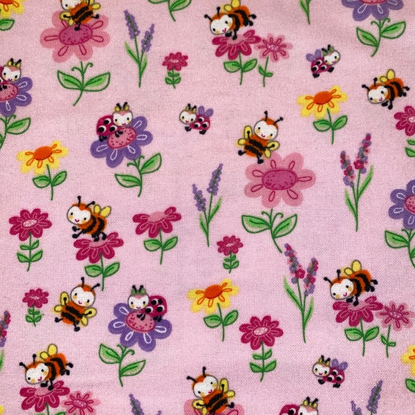 Bees and flowers, FLANNEL fabric, bee flannel  fabric, Pink bees, A. E. Nathan, bees with faces, 100% cotton flannel,