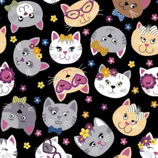 Cat fabric black, Glamour kitty black,  Fabric Traditions, Freckle and lollie, cotton quilting fabric, Bow Wow Meow,  FLBWM-D24-Z