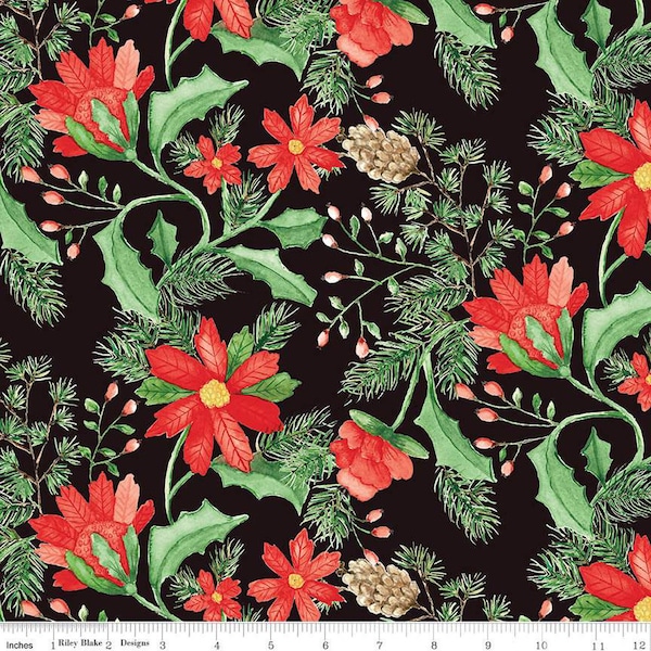 Christmas Fabric, Adel in WInter, Mocha Christmas fabric, Riley Blake, cotton fabric, Red green floral, Red flowers, Christmas flowers,