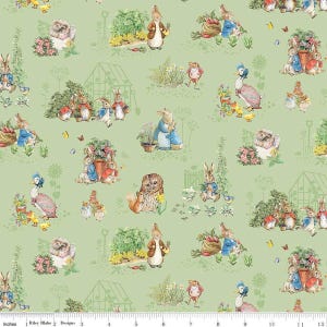 May include: A light green fabric featuring a repeating pattern of illustrations from a children's storybook. The design includes rabbits, ducks, owls, and other animals in a garden setting, with flowers and vegetables.