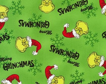 Christmas fabric, Grinch Fabric, Dr. Seuss Fabric, Dr. Seuss Holiday, Robert Kaufman, How The Grinch Stole Christmas, Merry Grinchmas, Green