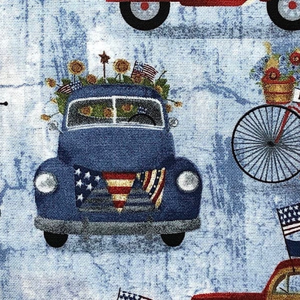 Truck fabric, Old Truck fabric, Vintage Truck, Patriotic Truck, Vintage scooters, panel wagon, America Independence, 3 Wishes fabric cotton