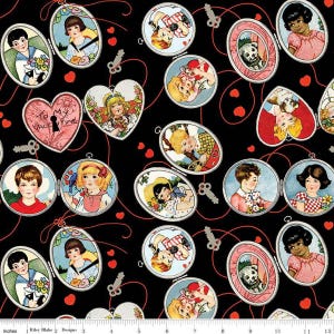 May include: A black fabric featuring a repeating pattern of vintage lockets, keys, and hearts. The lockets contain illustrations of children and pets. Red heart shapes and lines add to the Valentine's Day theme.