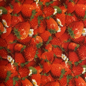 Strawberry fabric, fruit fabric,   Strawberry fruit, Berry Good, Elizabeth&#39;s Studio, Strawberry flowers, red white fabric,
