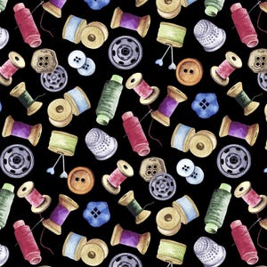 May include: A repeating pattern of sewing notions on a black background. The design includes spools of thread in various colors, buttons, thimbles, and needles. The spools are in shades of red, purple, green, and yellow. Buttons are brown, white, and gray.
