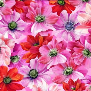 May include: A pink floral print fabric featuring large pink and red flowers with white centers. The flowers are arranged in a random pattern and overlap each other.