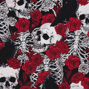 Roses and skulls, Black Skulls, Halloween fabric, Fabric Traditions, Red roses, skeletons and roses,