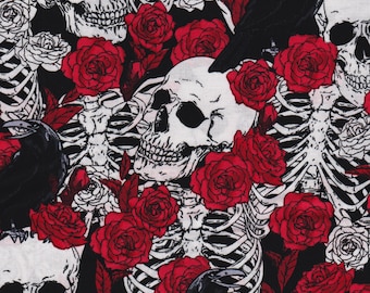 May include: A black and white skeletal pattern with red roses and black crows. The pattern is repeated throughout the image.