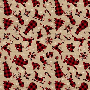 May include: A repeating pattern featuring Christmas-themed illustrations in red and black buffalo plaid on a light brown background. The design includes snowmen, reindeer, snowflakes, and sleighs.