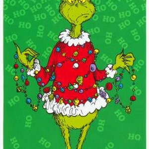 May include: The Grinch, a green, furry creature, is wearing a red and white Christmas sweater and holding up strings of Christmas lights. The background is green with the word "HO" repeated many times. The bottom of the image has the word "GRINCH" repeated three times.