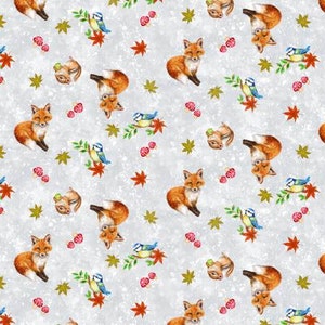 birds flowers, white Auburn Fox, squirrels birds, foxes flowers, chipmunks leaves, bird branches, Studio E fabric,
