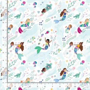 May include: A whimsical fabric pattern featuring mermaids, sea turtles, and fish in a light blue and white underwater scene. The mermaids have colorful tails and flowing hair, surrounded by floral and aquatic elements.