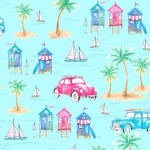 Beach fabric, Beach summer, Freckle and Lollie, 100% cotton, Surfing fabric, Surfside Paradise Found Blue, FLSU-D2-B, buggy. N.T.T. fabric