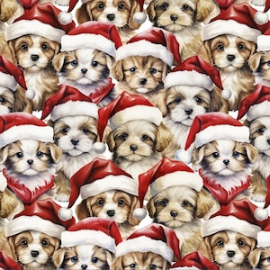May include: A festive pattern of adorable dogs wearing Santa hats. The dogs are all different breeds and colors, and they are all looking at the camera with cute expressions. The background is a white, snowy scene.