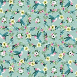May include: A seamless pattern featuring hummingbirds in flight, surrounded by floral wreaths on a light blue background. The hummingbirds are depicted in shades of blue and pink, with delicate floral details.