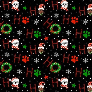 May include: A black background with a repeating pattern of red "HO HO" text, green paw prints, red paw prints, white snowflakes, red stars, green wreaths with red berries and bones, and cartoon dogs wearing Santa hats.