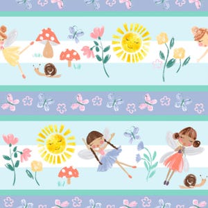 May include: A whimsical pattern featuring fairies, butterflies, mushrooms, flowers, and smiling suns. The design incorporates pastel colors like light blue, pink, and yellow, creating a cheerful and enchanting aesthetic. The repeating pattern is suitable for children's products.
