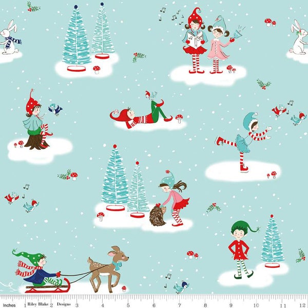 Christmas Fabric, Pixie Noel 2, Aqua Pixie Noel, Riley Blake, cotton fabric, Christmas trees, Sleds Pixies,  C12110-AQUA, Aqua Christmas,