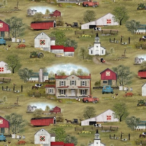May include: A colorful illustration of a rural countryside scene with red barns, white houses, a church, and a variety of farm animals. The scene is set against a green grassy field with trees and a blue sky.
