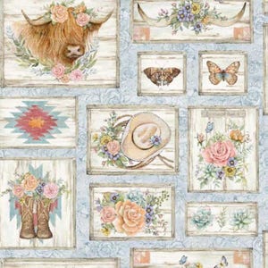 May include: A repeating pattern featuring framed illustrations with a rustic, farmhouse theme. The images include a Highland cow, butterflies, a cowboy hat, and floral arrangements, all set against a light blue background with a wood-like texture.