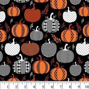 Pumpkin fabric, orange black pumpkins, fall pumpkin fabric, patterned pumpkins,  fall fabric, ONE YARD PRE cuts,