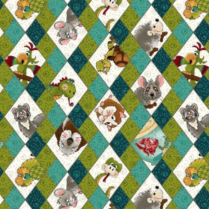 Rescued and Loved Fabric, Rescue Animals, Teal Argyle Fabric, Cotton ...