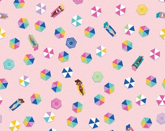 umbrellas pink,  cotton fabric, beach umbrella, sun bathers, pink beach fabric, Riley Bake fabric, Sunshine BLVD