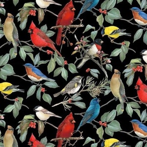 Bird fabric, BIrds and Holly, birds on Black, trees and birds, Cardinals, bluebirds, Finches,  Davids Textiles, cotton quilting  sewing,
