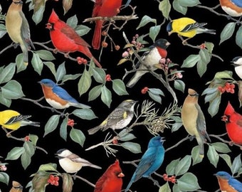 May include: A black background with a repeating pattern of colorful birds perched on branches with green leaves and red berries. The birds include cardinals, bluebirds, yellow finches, and others.
