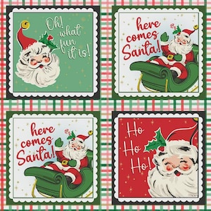 May include: A set of eight square Christmas-themed fabric patches featuring illustrations of Santa Claus in red and white attire. The designs include text such as let's be jolly, Oh! what fun it is!, here comes Santa!, and Ho Ho Ho! on red and green backgrounds.