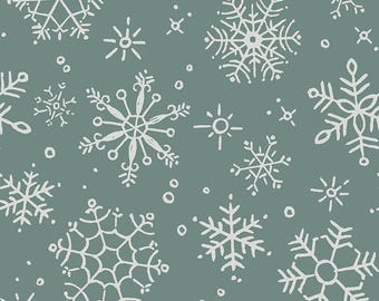 May include: A seamless pattern featuring white snowflakes of varying sizes and shapes on a muted teal background. The design includes detailed snowflake illustrations and small dot accents, creating a winter-themed textile.