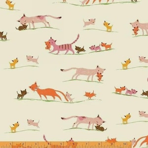 cat fabric, cotton quilting sewing, Cats on fabric, Kittens fabric, Heather Ross, Windham fabric, Cream Mother Cats, 40931D 5, pink, orange