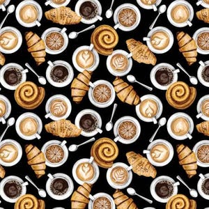 Coffee cups tan,  100% cotton fabric,  Black Coffee, coffee Pastries, 020525, Kansas, Croissants, pastry, spoons, cups,