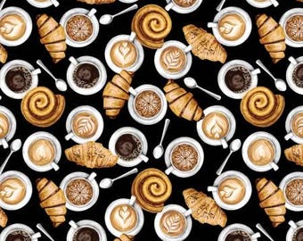 Coffee cups, 100% cotton fabric, coffee and Pastries, 14257  Kansas, Croissants, pastry, spoons, cups, espresso, spoons