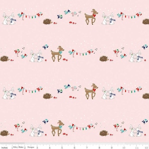 Christmas Fabric, Pixie Noel, pink animals, Riley Blake, cotton fabric, Christmas trees, deer and birds, C12111-PINK, Christmas animals,