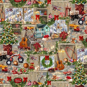 May include: A festive Christmas-themed illustration featuring a cozy workshop scene. The image is filled with miniature toys, a guitar, a dollhouse, and decorated Christmas trees. The words "Santa's Workshop" are visible on a sign.