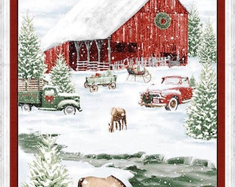Christmas fabric panel, Christmas Barns,  Horse Christmas, Holiday Spirit, Scenic Barn Panel. Henry Glass, Old trucks, Tractors, horses.