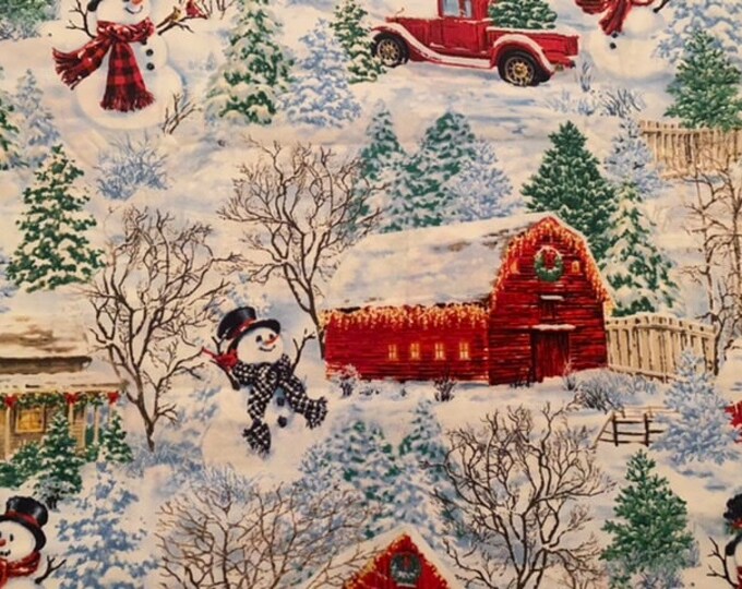 Christmas Fabric, Christmas Farm Fabric, Multi Winter Cottages, Snowy ...